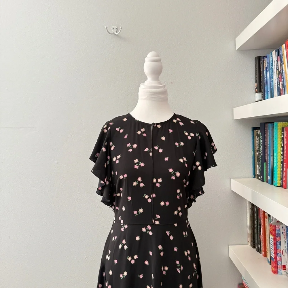 Kate Spade Ditsy Begonia flutter sleeve black floral dress sz 6